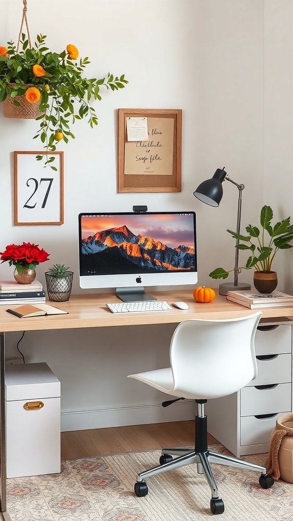 A cozy workspace with a functional desk layout, decorated for fall with pumpkins and autumn leaves.
