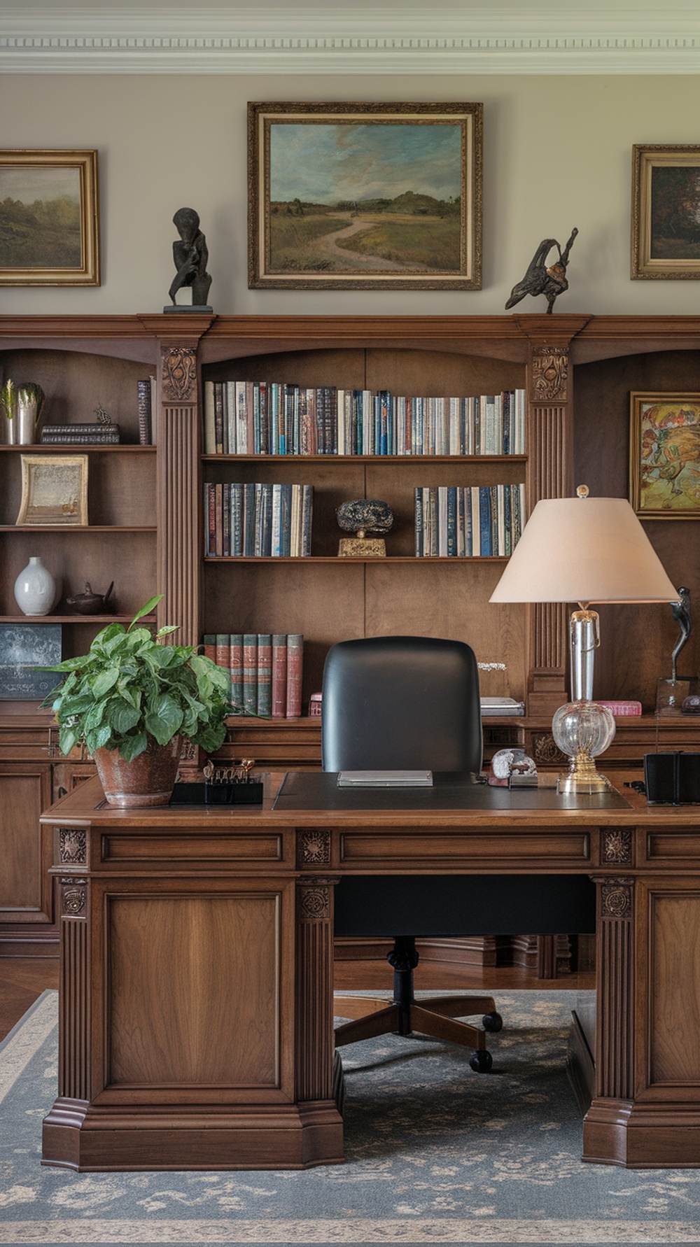 L shaped executive desk with walnut finish, featuring a spacious surface and storage options in an elegant office setting.