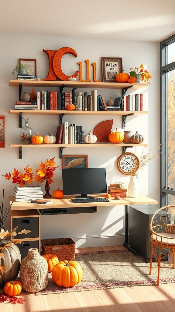 A cozy home office with wall shelves decorated for fall, featuring pumpkins, books, and autumn leaves.