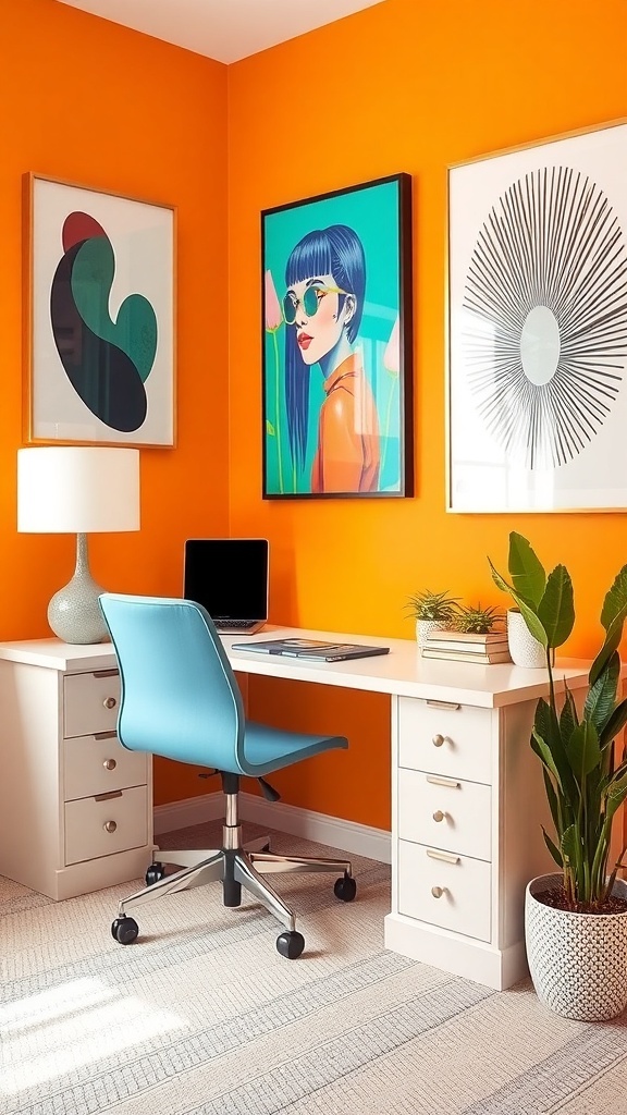 A bright home office with tangerine walls, a wooden desk, and seasonal decor.