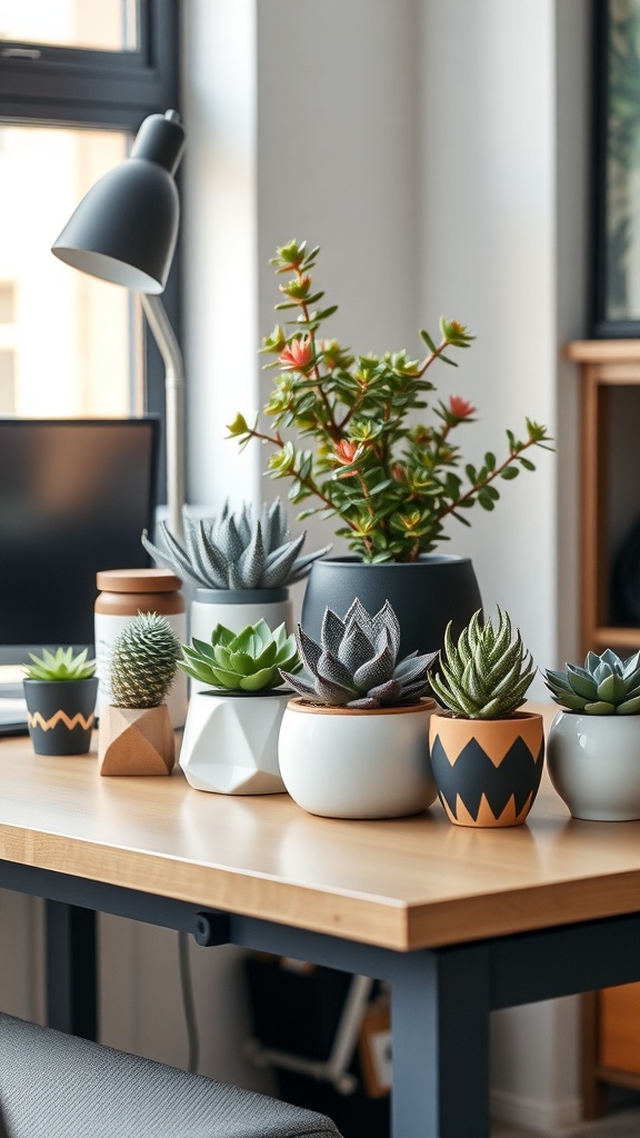 A stylish office desk featuring various succulent plants in decorative pots.