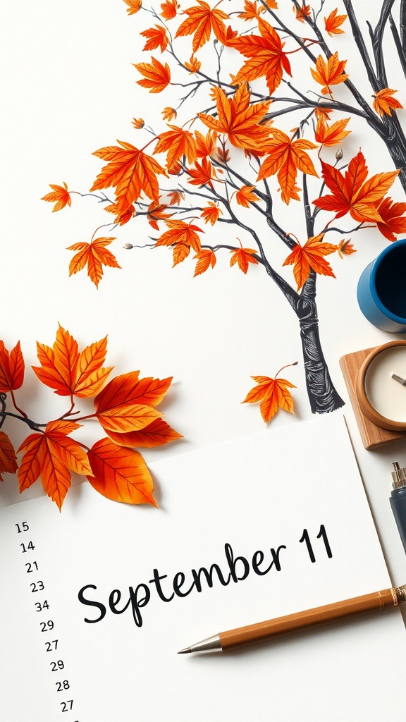 A seasonal desk calendar with a wooden stand, set against a backdrop of autumn trees and mountains.