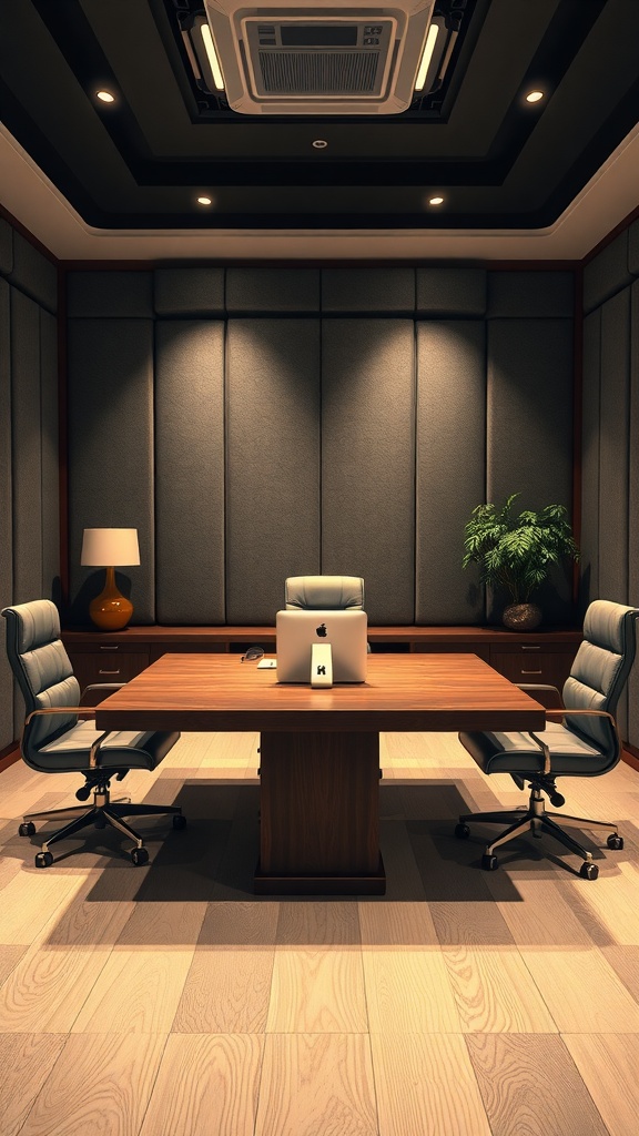 A modern executive office featuring a luxury desk and acoustic panels