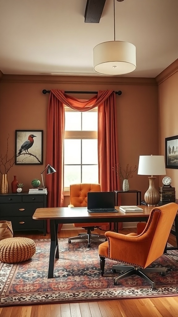 A cozy home office featuring deep cinnamon accents with warm autumn colors.