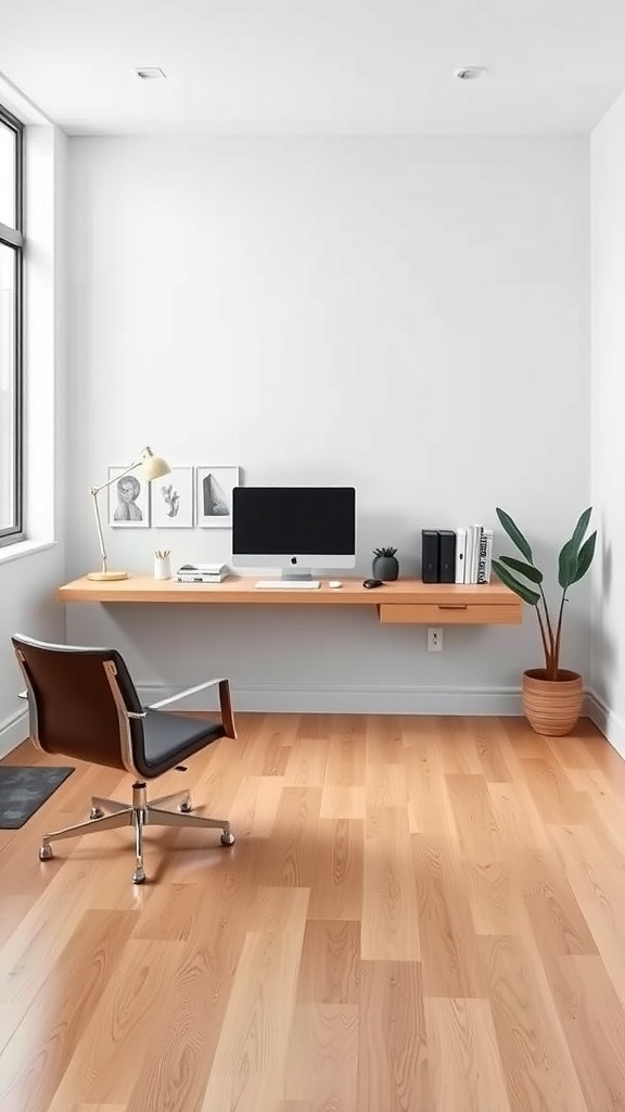 A minimalist home office featuring a floating desk with a computer, a stylish chair, and a plant.