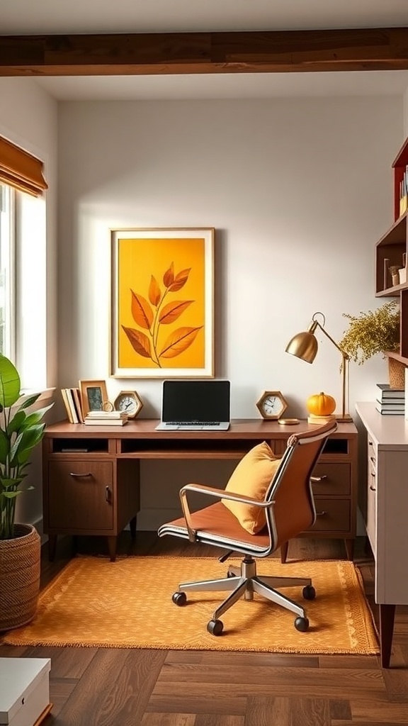 A cozy home office featuring a ginger yellow artwork, warm tones, and a stylish desk setup.
