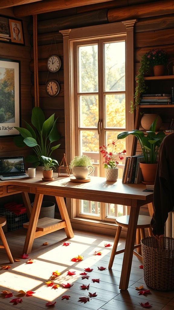 A rustic desk setup surrounded by plants and fall leaves, featuring a laptop and warm sunlight.