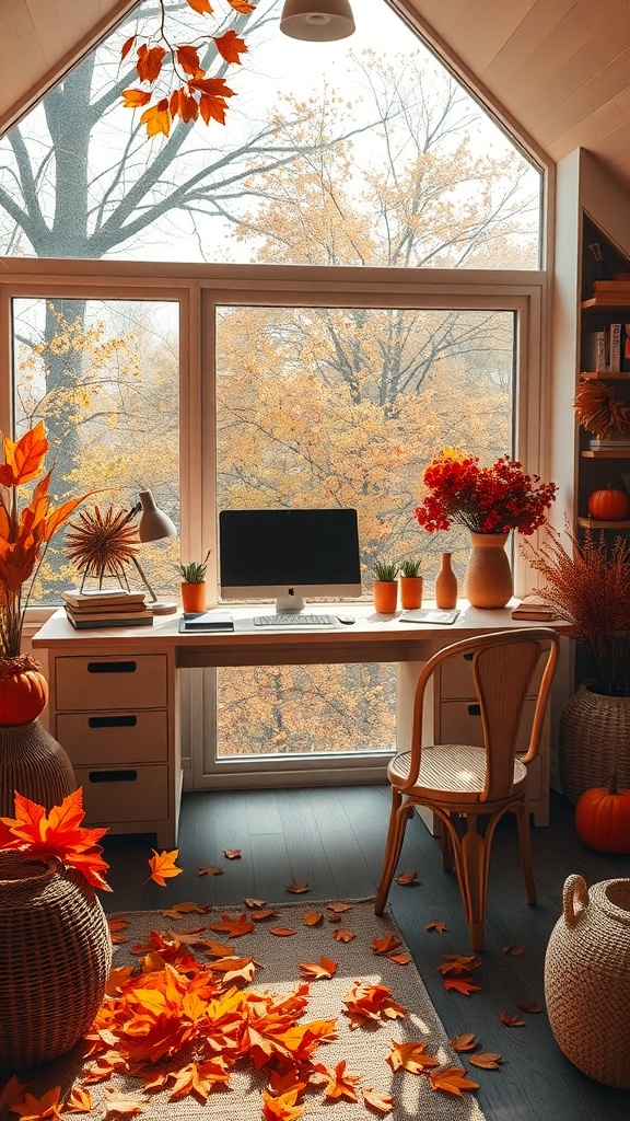 A bright workspace with a view of golden autumn leaves, featuring a desk, computer, and seasonal decor.