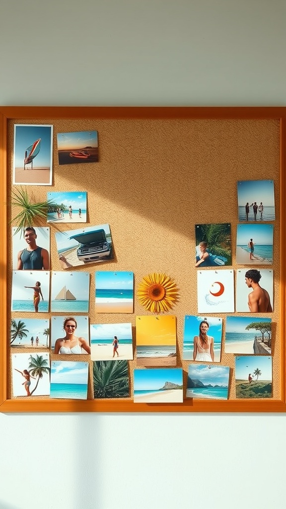 A corkboard filled with summer-themed photos and a sunflower, capturing the essence of summer.