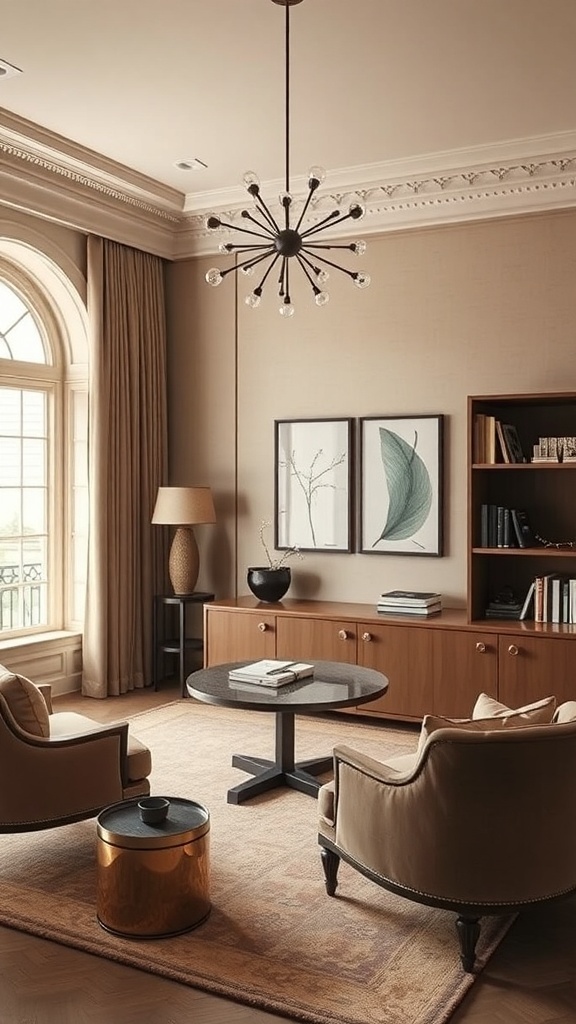 A stylish home office featuring beige walls, elegant furniture, and jewel tone accents.