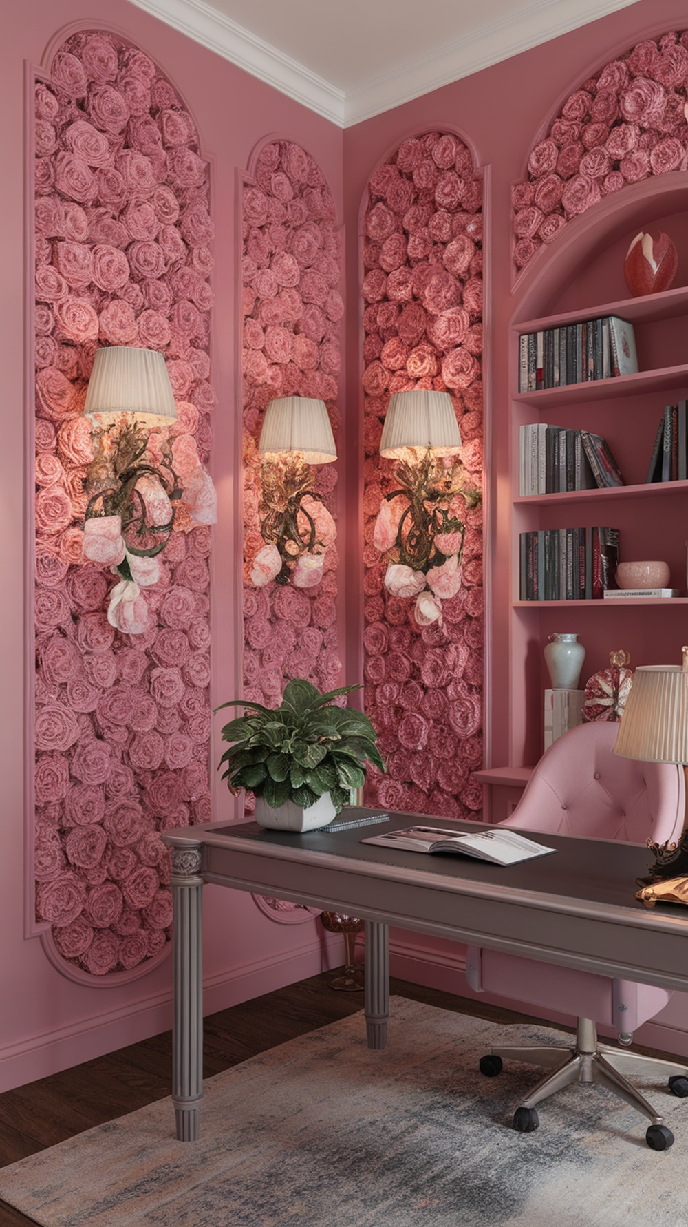 A feminine home office featuring pink walls with floral designs and elegant wall sconces.