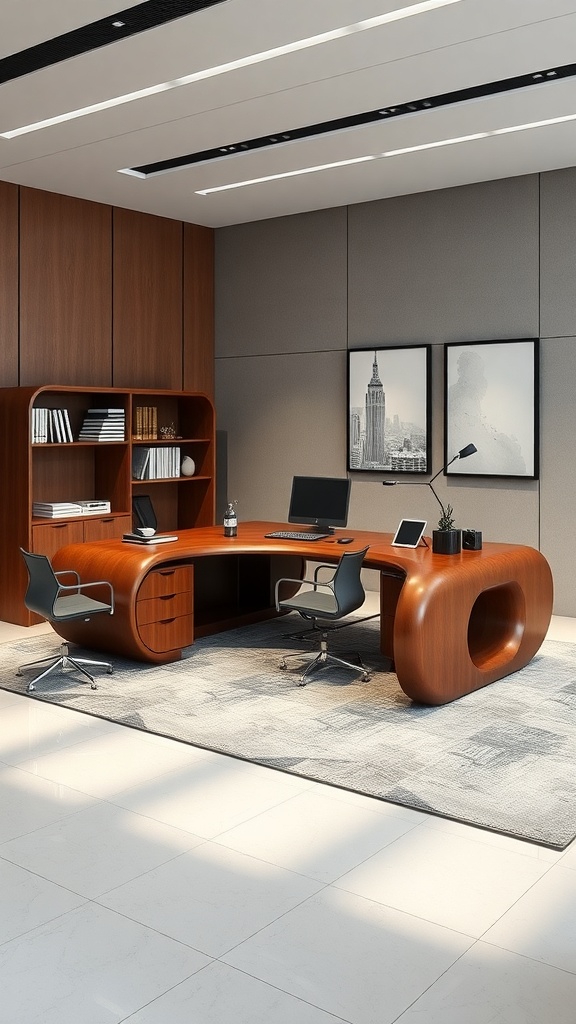 Modern l shaped desk with a curved design in an executive office setting