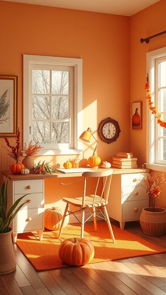 A cozy home office with peach walls, a desk with pumpkins, and warm lighting.