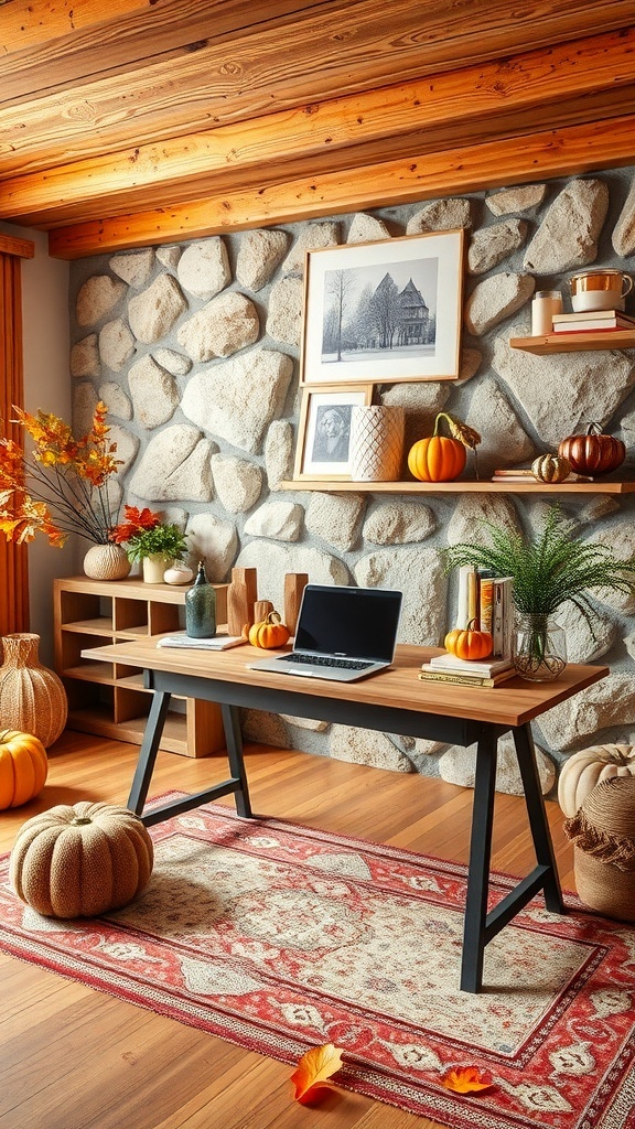 A cozy home office with a wooden desk, laptop, pumpkins, and autumn decorations.