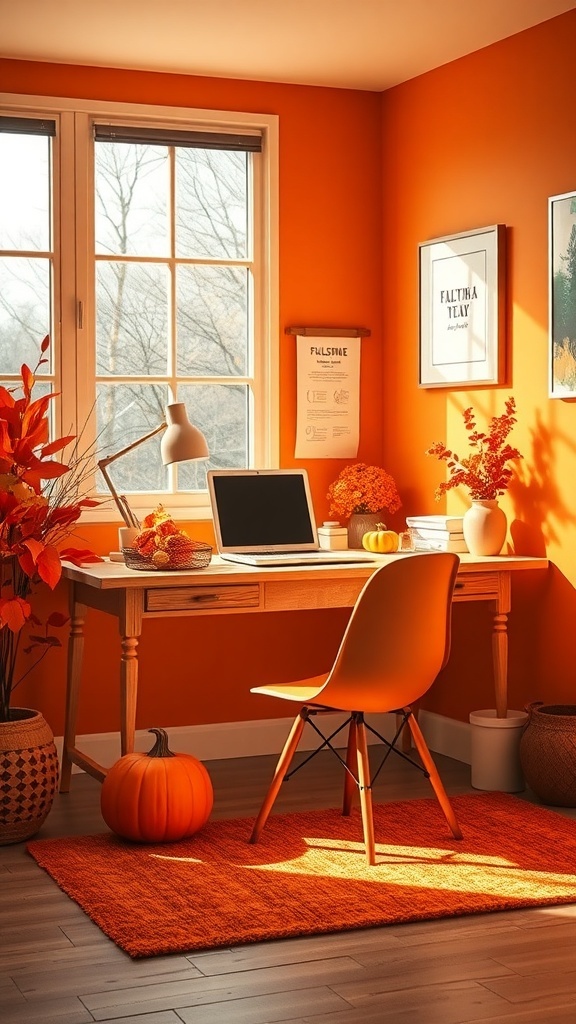 A cozy home office with marigold orange walls, a wooden desk, and autumn decorations.