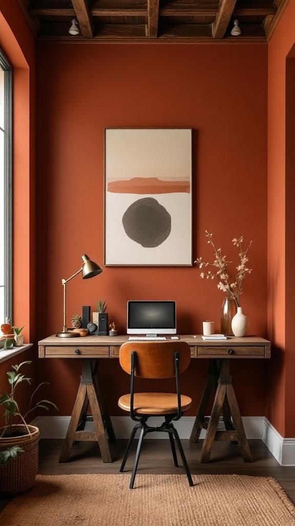 A cozy home office with warm terracotta walls, wooden furniture, and a welcoming atmosphere.