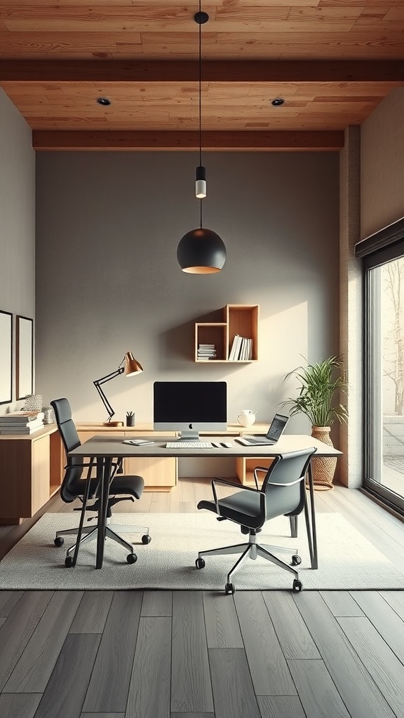 A modern minimalist home office featuring ergonomic chairs, a sleek desk, and natural light.