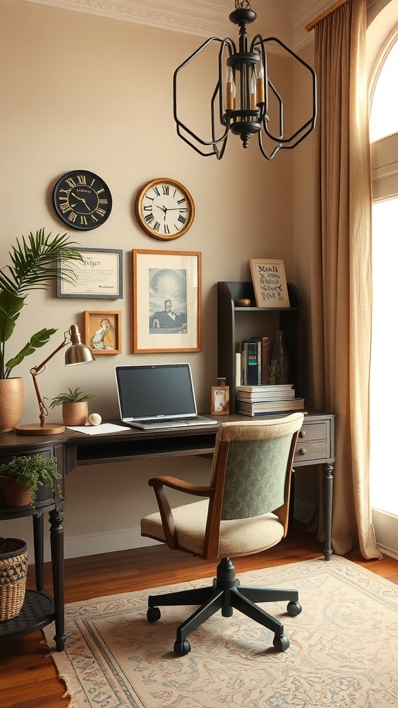 Cozy home office with beige walls, vintage desk, and Art Deco elements