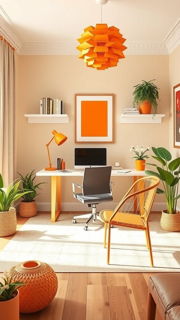A stylish home office with beige walls and bright orange accents, featuring a wooden desk, an orange chair, and decorative artwork.