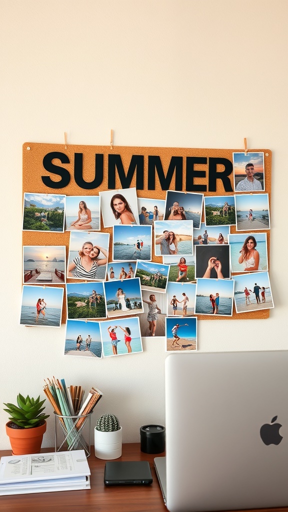 A corkboard with summer-themed photos and the word 'SUMMER' prominently displayed, alongside a laptop and office supplies.