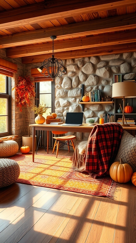 A cozy home office with warm textiles, pumpkins, and a rustic feel.