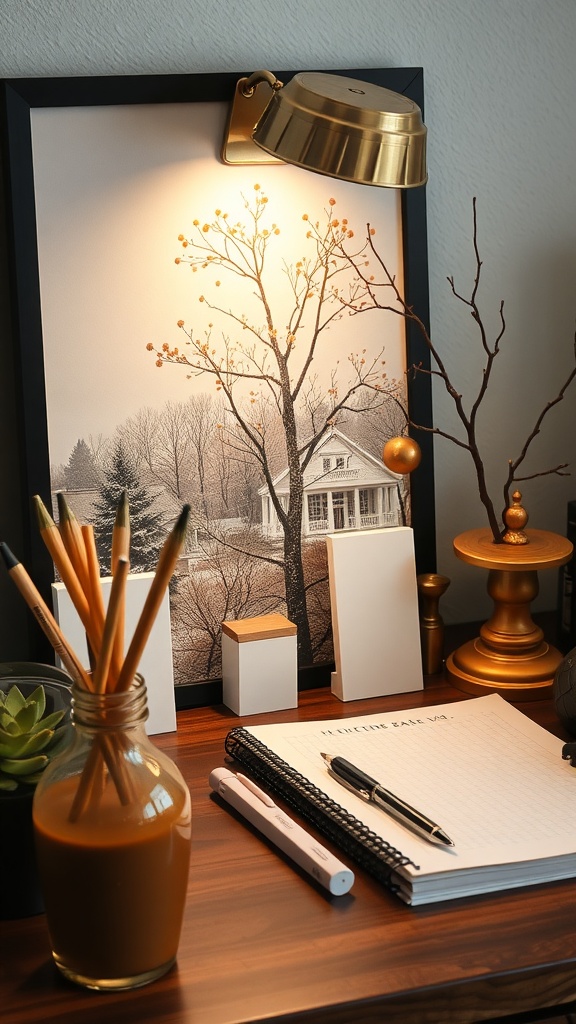 A stylish desk setup featuring a framed artwork, a lamp, and various artistic accessories.