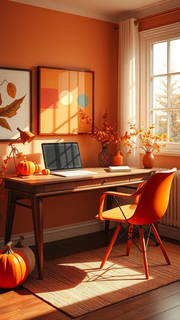 A cozy home office featuring a burnt orange aesthetic with a wooden desk, orange chair, and autumn-themed decor.