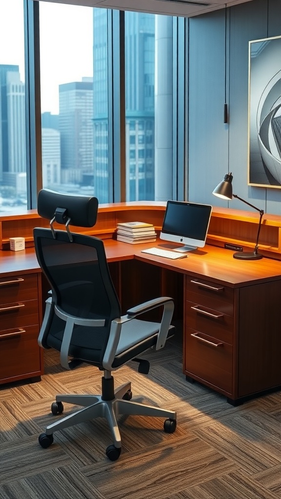 A U-shaped executive desk in a modern office setting with ergonomic chairs and wooden decor.