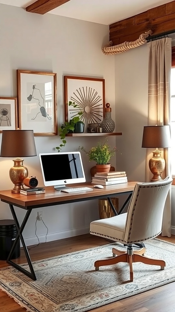 A cozy home office featuring rustic copper accents, warm wood tones, and autumn-inspired decor.