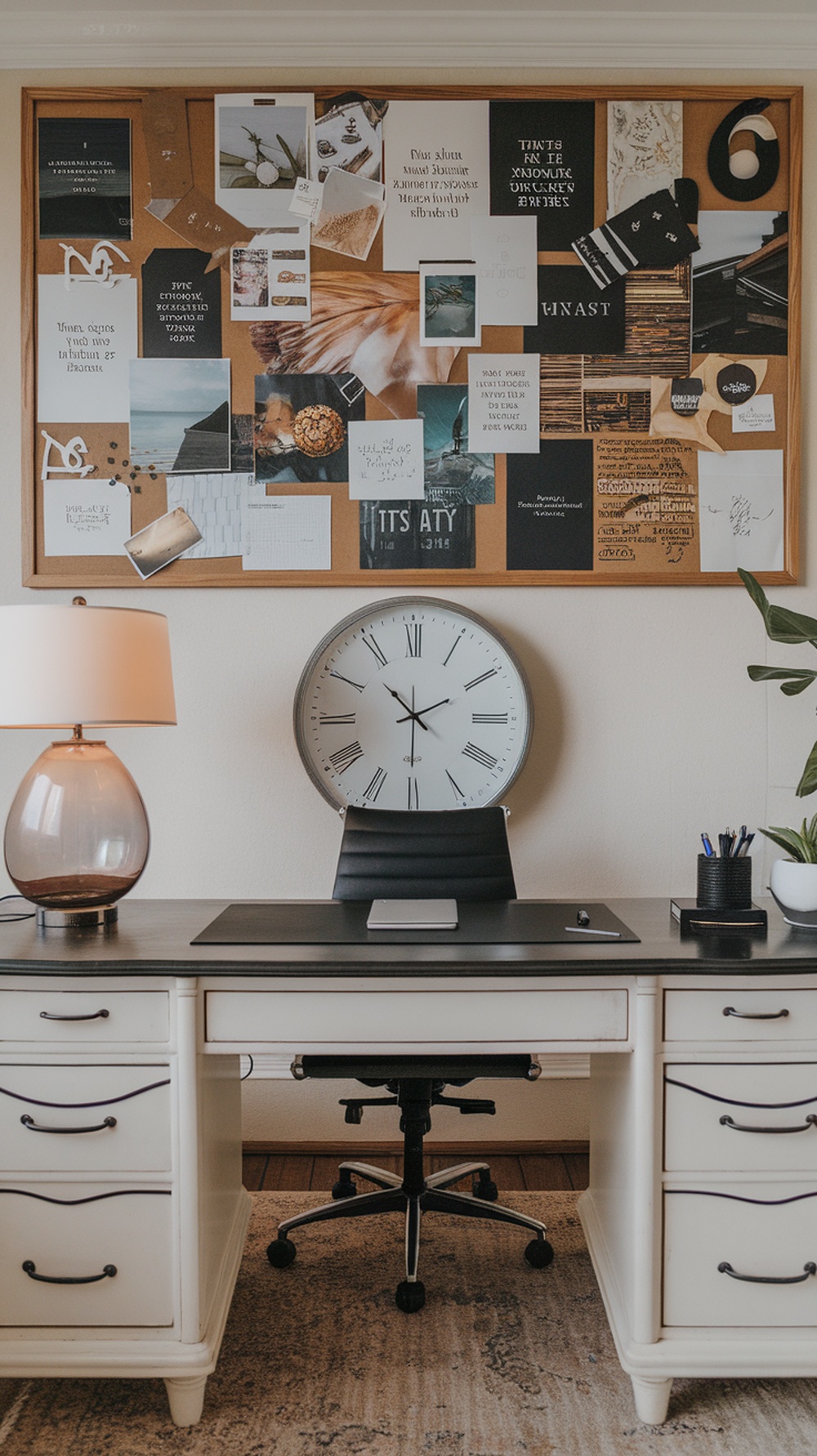 A vision board filled with motivational quotes and images, set above a modern desk with a computer and plants.