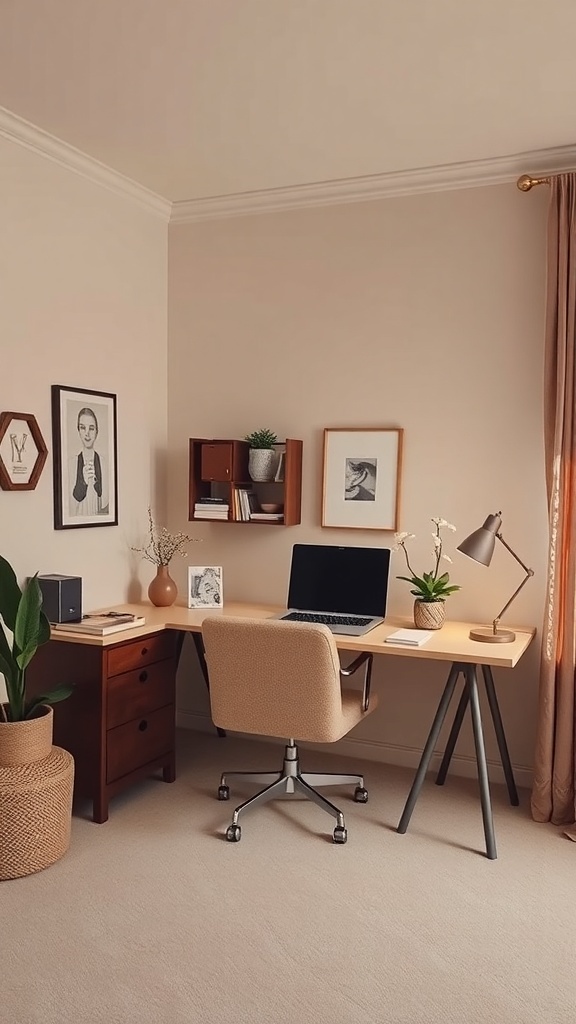 A cozy home office featuring beige walls and dusty rose accents, with a wooden desk and chair.