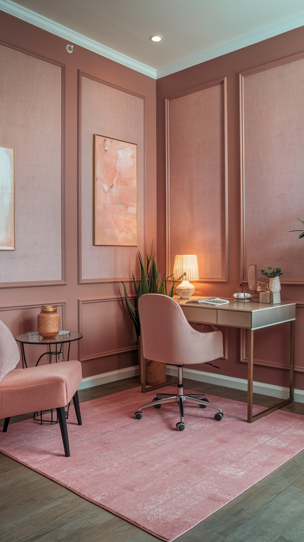 A cozy home office corner featuring textured wall panels in soft pink tones, a stylish desk, and a comfortable chair.