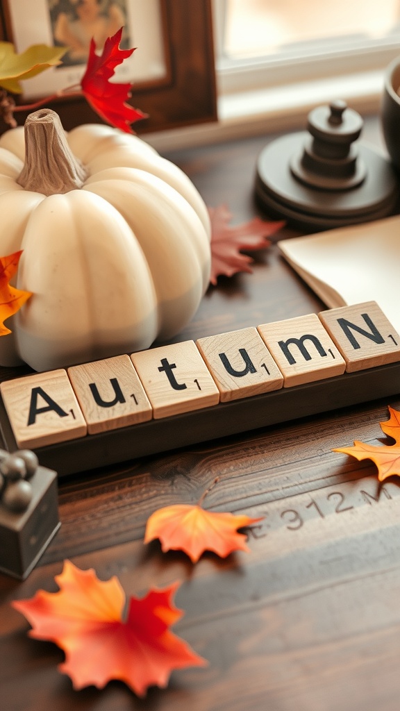 Wooden letter blocks arranged with autumn leaves