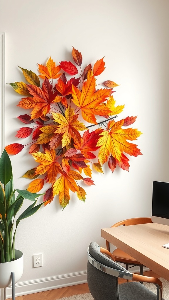A cozy home office decorated with autumn leaves forming a frame around the workspace.