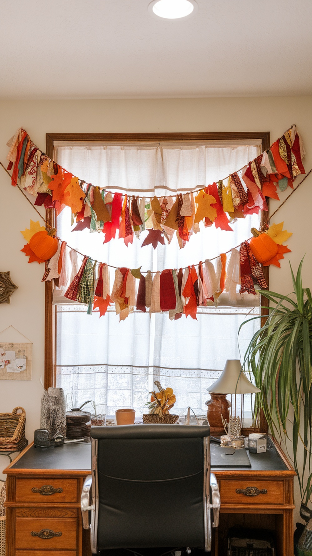 A colorful autumn banner reading 'Happy Autumn' made from fabric scraps, hanging in a cozy home office setting.