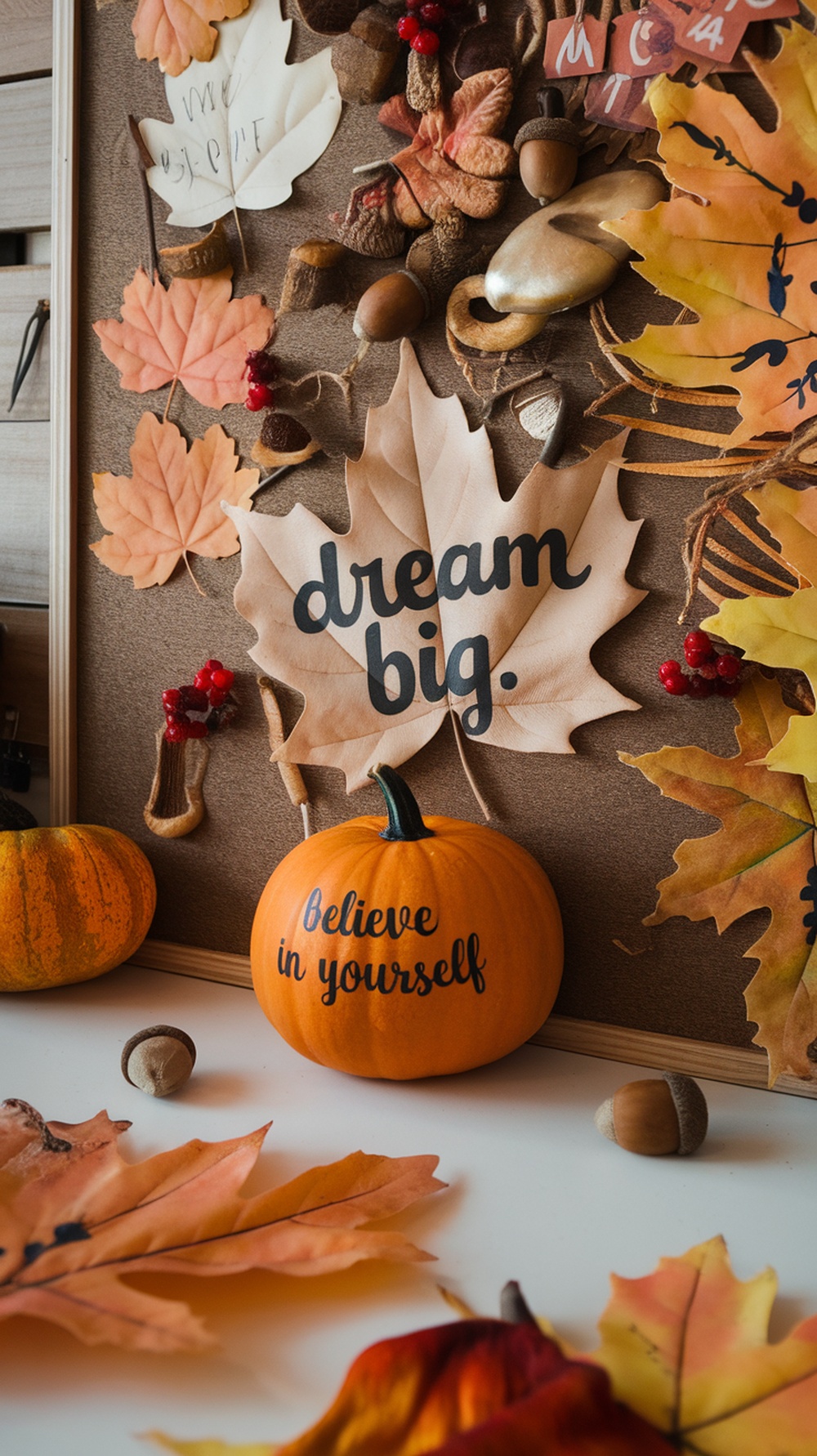 A cozy workspace featuring a vision board decorated with autumn leaves and seasonal decor.