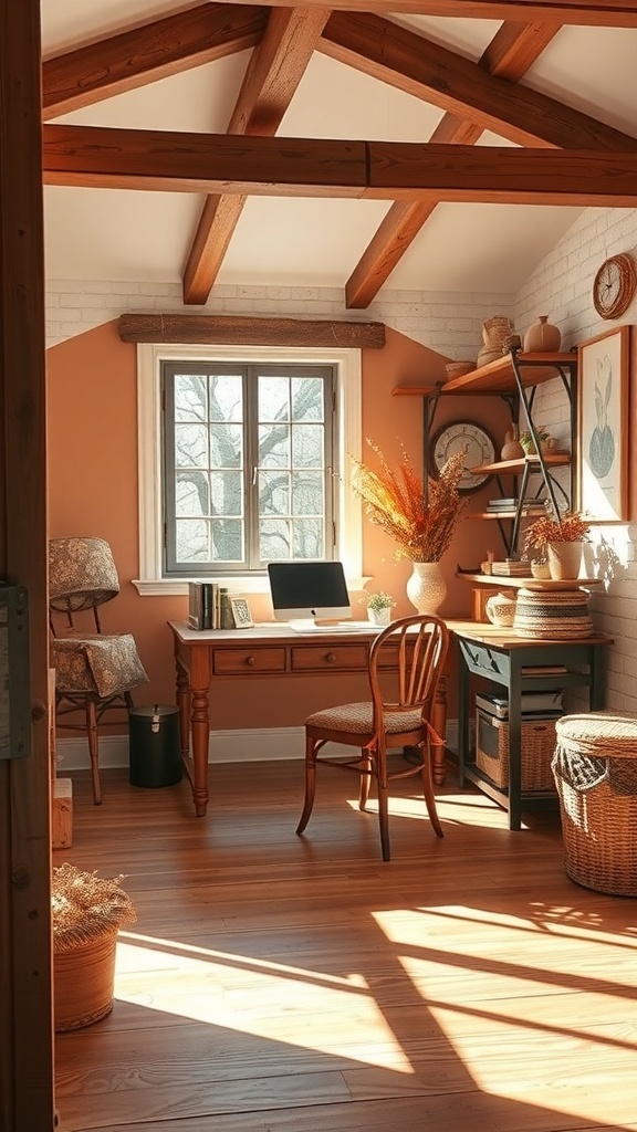 A cozy home office featuring burnt sienna walls and soft gray accents, with wooden furniture and natural decor.