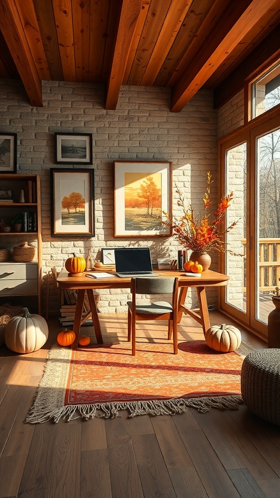 A cozy home office decorated for fall with pumpkins, artwork, and warm wooden accents.