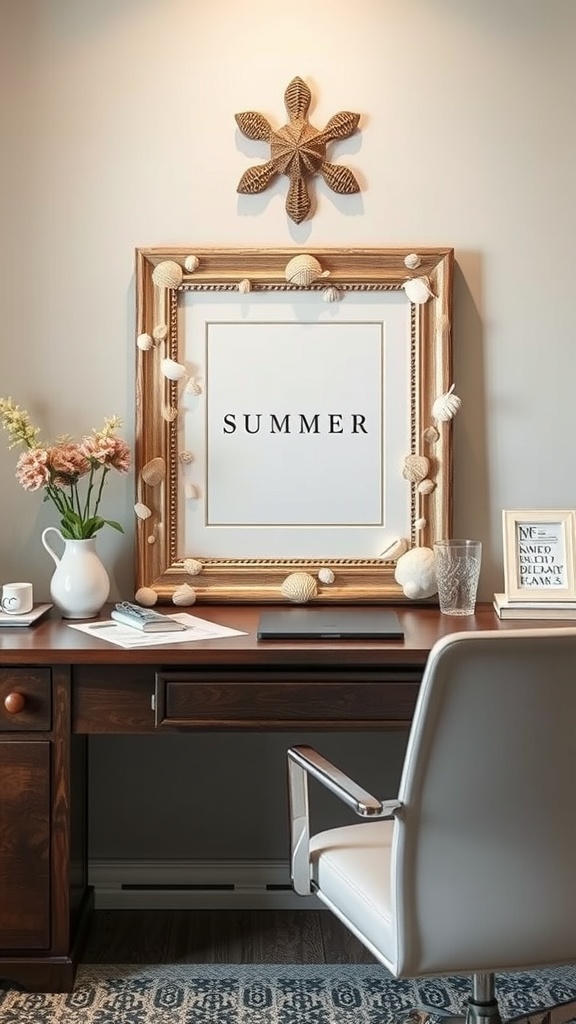 A wooden picture frame decorated with seashells, featuring the word 'SUMMER' inside, placed on a desk with flowers and office supplies.