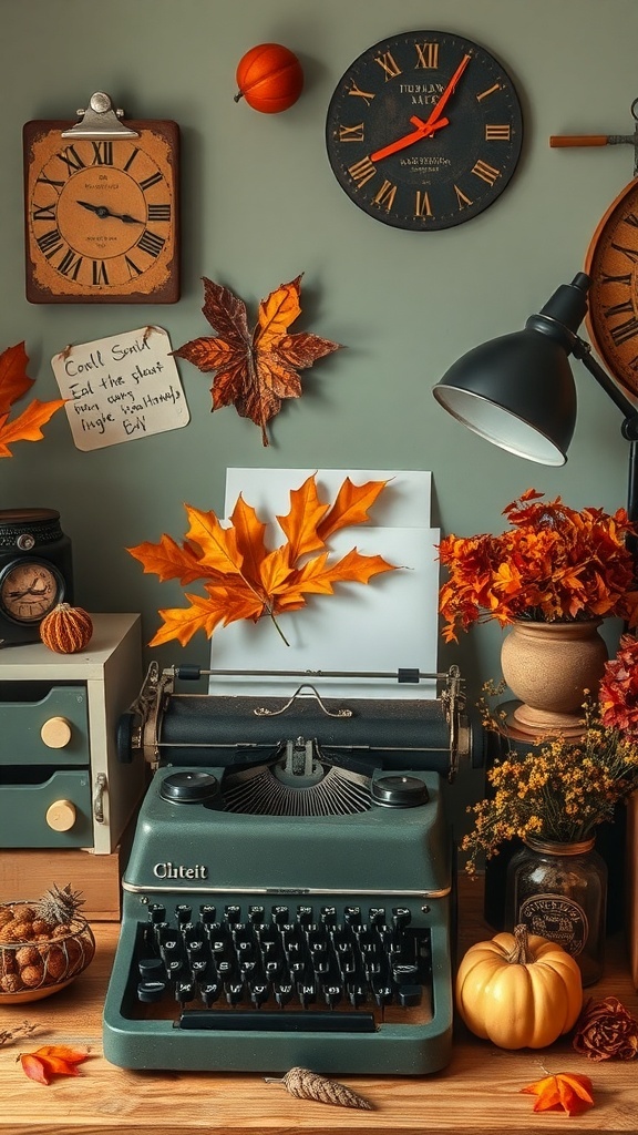 A cozy vintage-inspired home office decorated with autumn leaves and pumpkins, featuring a typewriter and warm lighting.