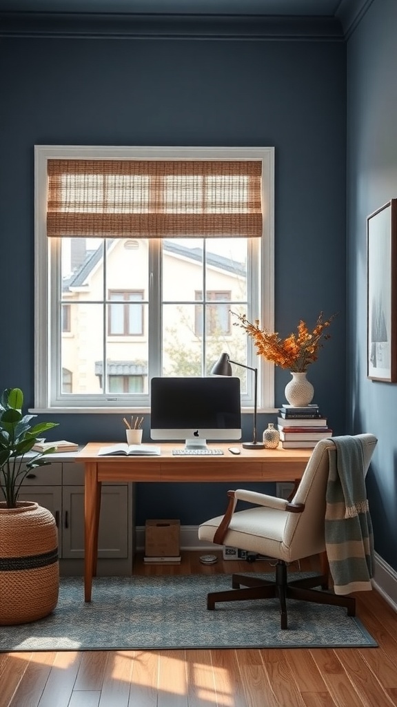 A cozy home office with slate blue walls, a wooden desk, and natural light.