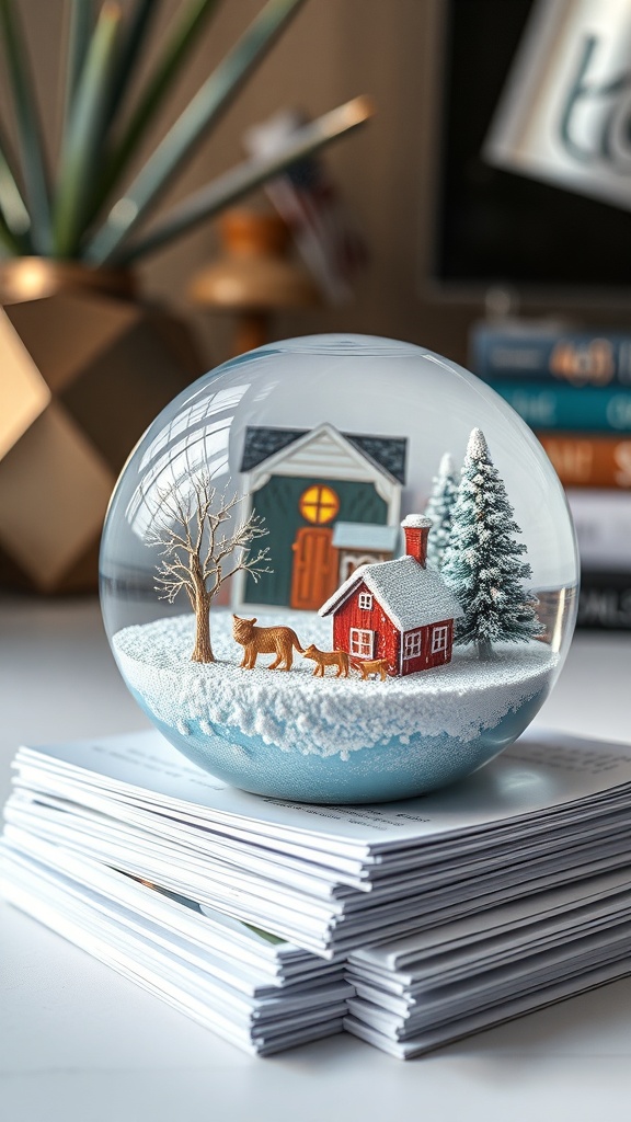 A snow globe featuring a red house, trees, and foxes, placed on a stack of magazines in a home office setting.