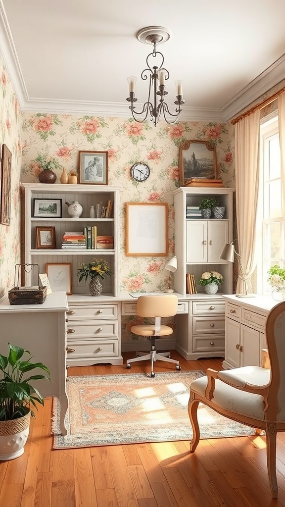 A chic cottage workspace featuring floral wallpaper, a stylish desk, and elegant decor.