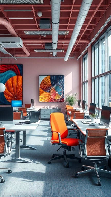 A modern office interior featuring ergonomic furniture, colorful artwork, and a bright atmosphere.