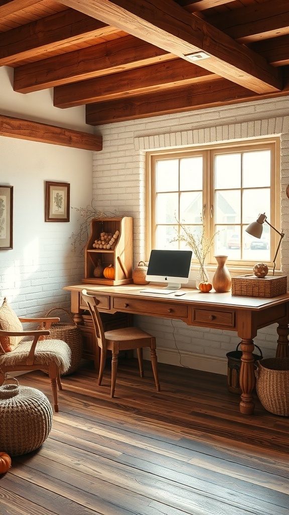 A rustic home office featuring wooden beams, a wooden desk, and warm terracotta accents.