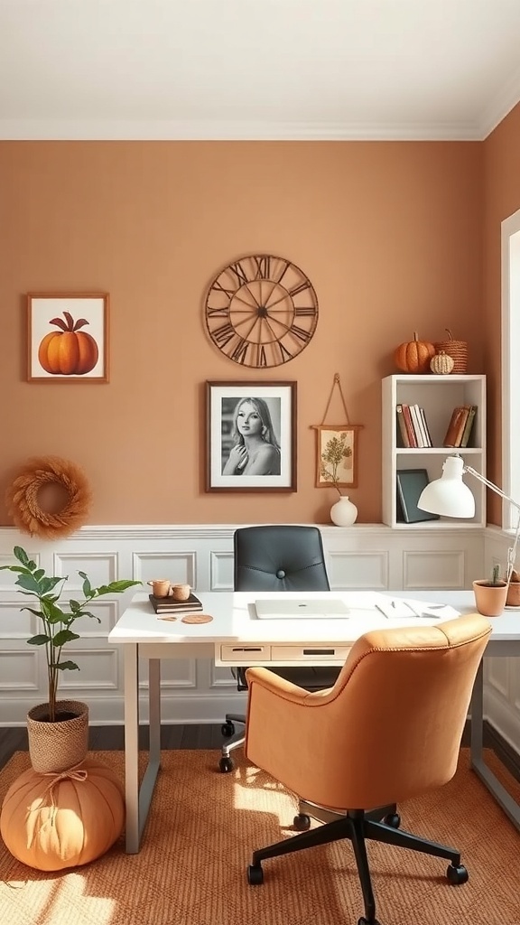 A cozy home office with light caramel walls, a caramel chair, and autumn-themed decor.