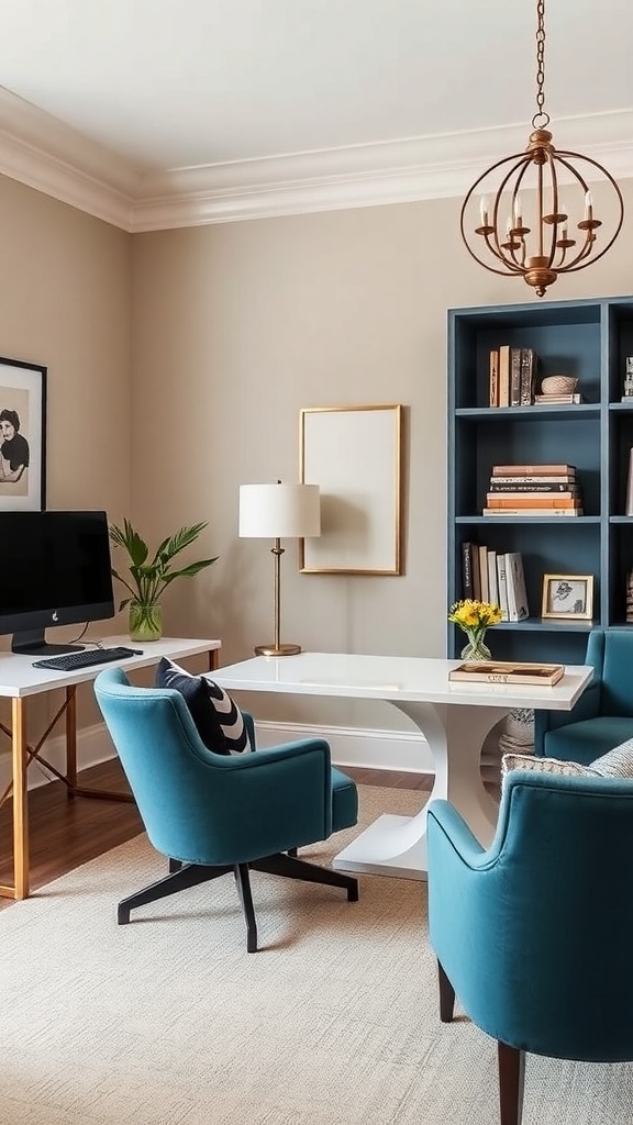 Home office featuring beige walls and a deep teal chair
