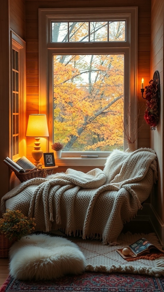 A cozy reading nook featuring warm throws, a window with autumn leaves outside, and pumpkins for fall decor.