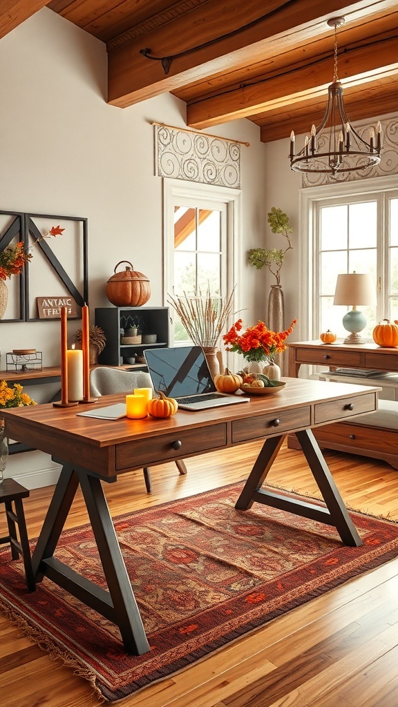 A cozy home office with a wooden desk decorated with pumpkins, flowers, and candles, showcasing fall decor.
