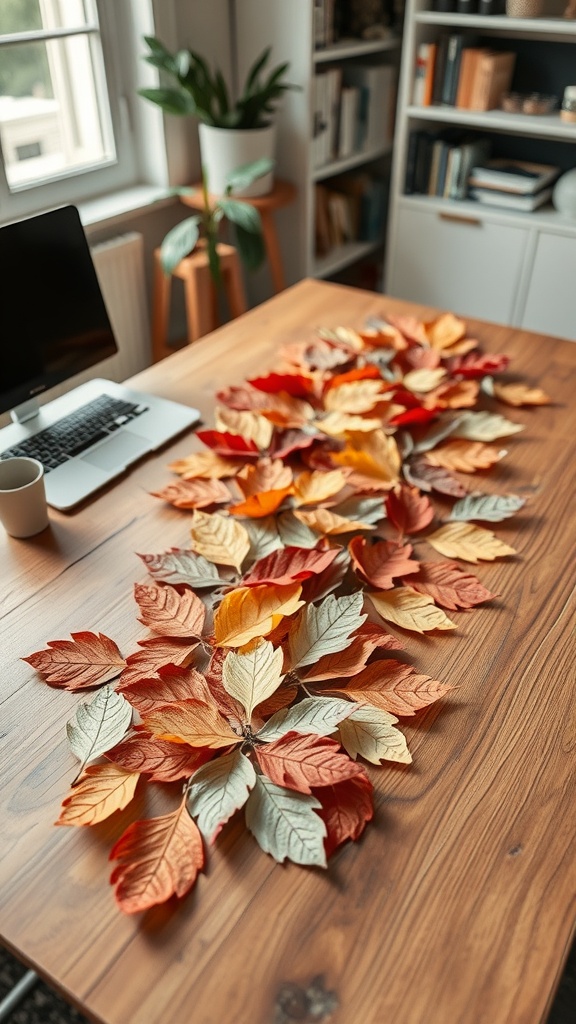 A table decorated with a colorful paper leaf table runner in an office setting.